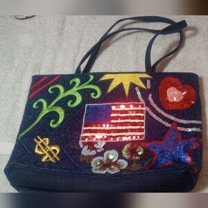 Embroidered Denim Tote with Sequin Accents